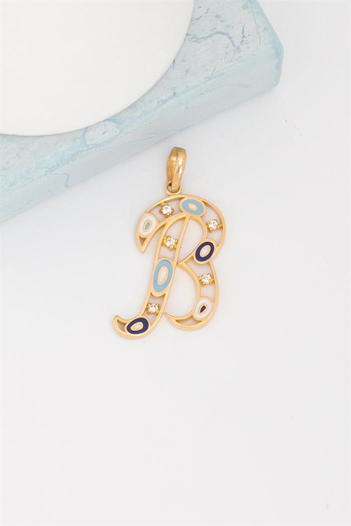 14K Solid Gold Evil Eye Beaded Eye B Letter Pendant