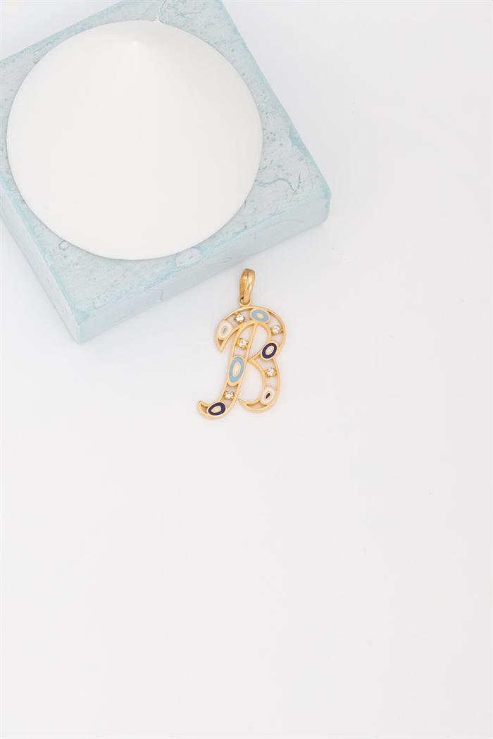 14K Solid Gold Evil Eye Beaded Eye B Letter Pendant