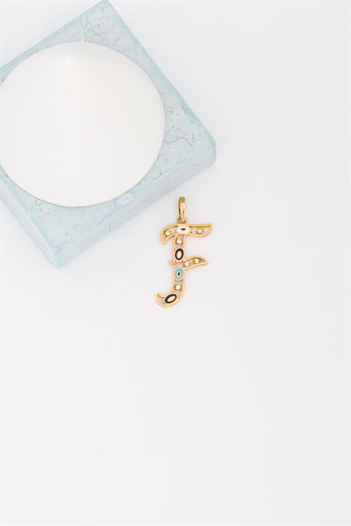 14K Solid Gold Evil Eye Beaded Eye F Letter Pendant