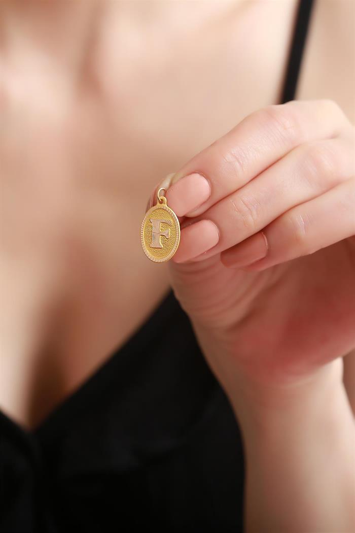 14K Solid Gold Nostalgic Oval Letter F Pendant