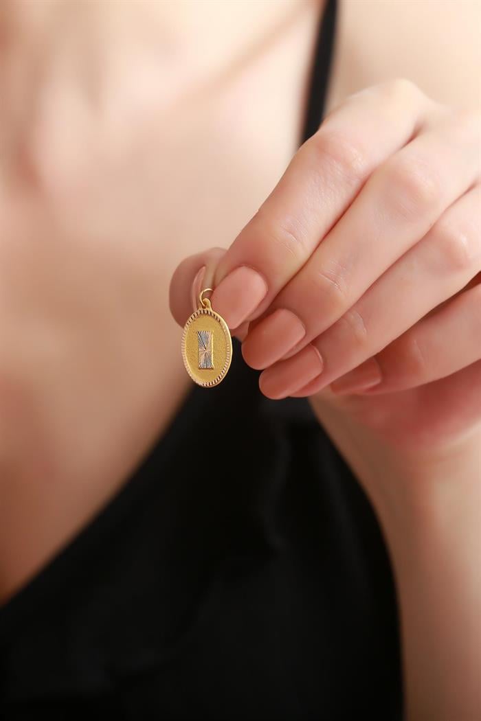 14K Solid Gold Nostalgic Oval I Letter Pendant
