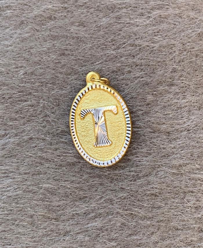 14K Solid Gold Nostalgic Oval T Letter Pendant