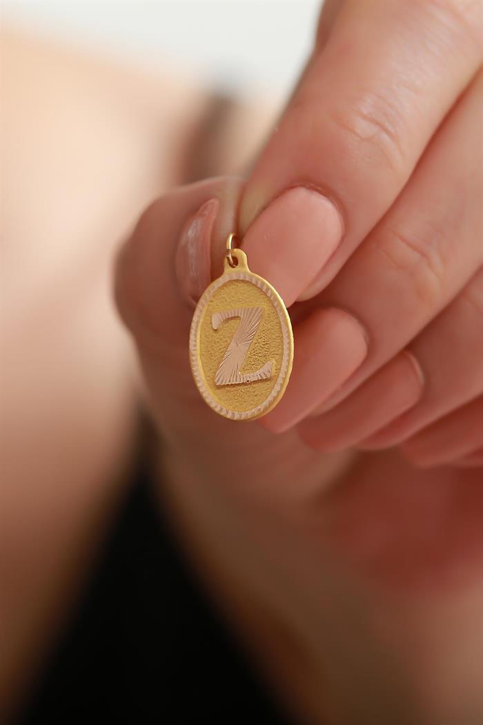 14K Solid Gold Nostalgic Oval Z Letter Pendant