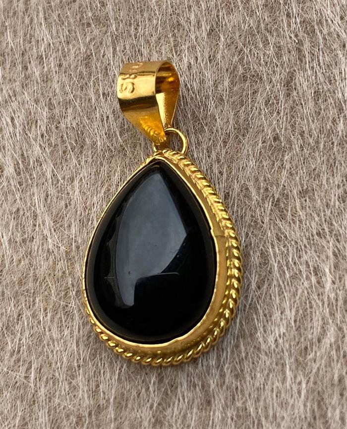 14K Solid Gold Onyx Stone Drop Pendant