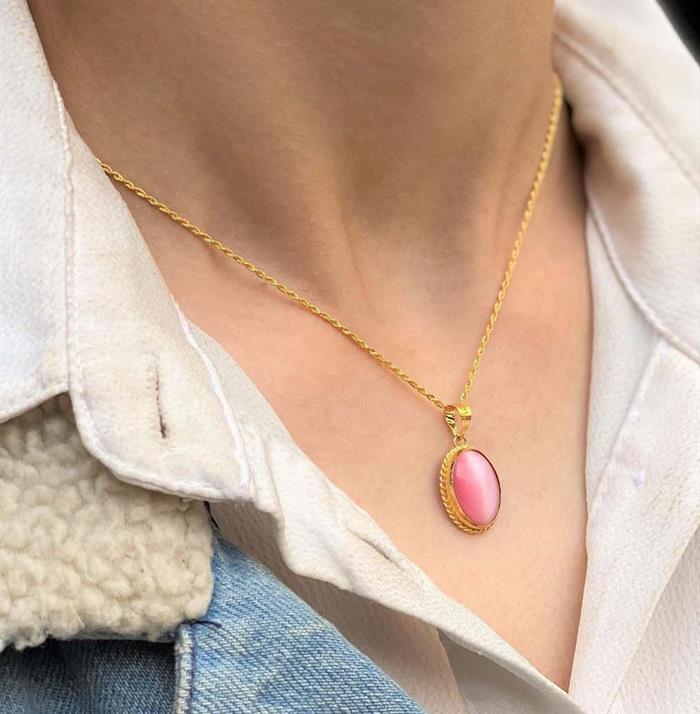 14 Ayar Altın Pembe Kaplan Gözlü Kolye