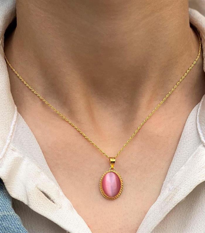 14 Ayar Altın Pembe Kaplan Gözlü Kolye