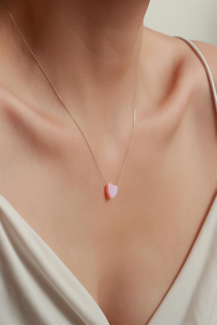 14 Ayar Altın Pembe Opal Taşlı Kalp Kolye