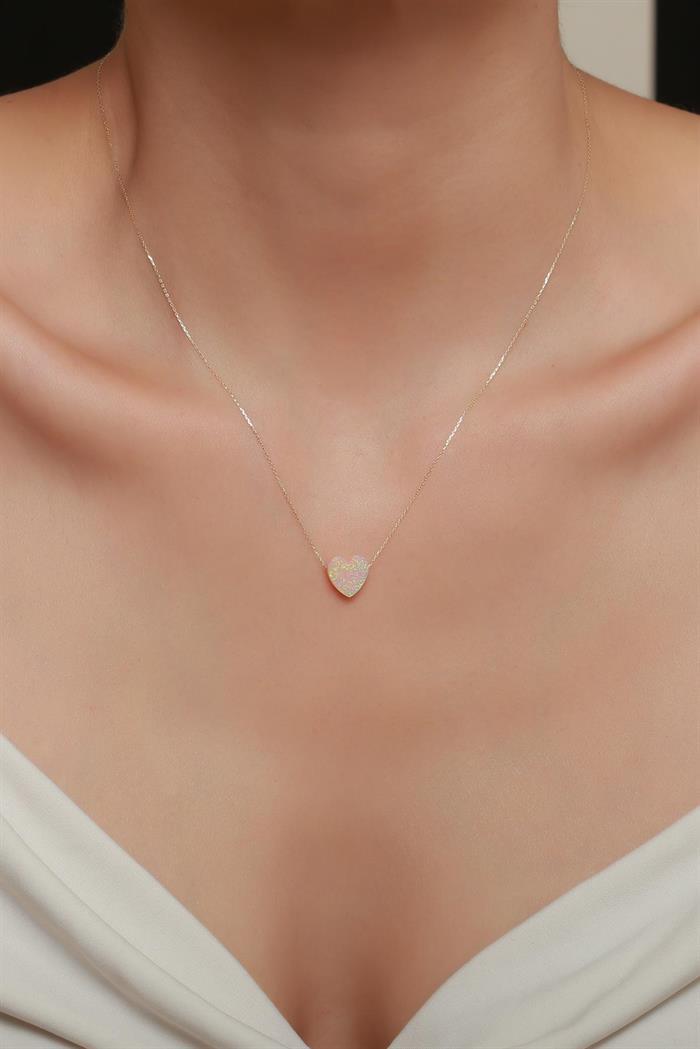 14 Ayar Altın Pembe Opal Taşlı Kalp Kolye