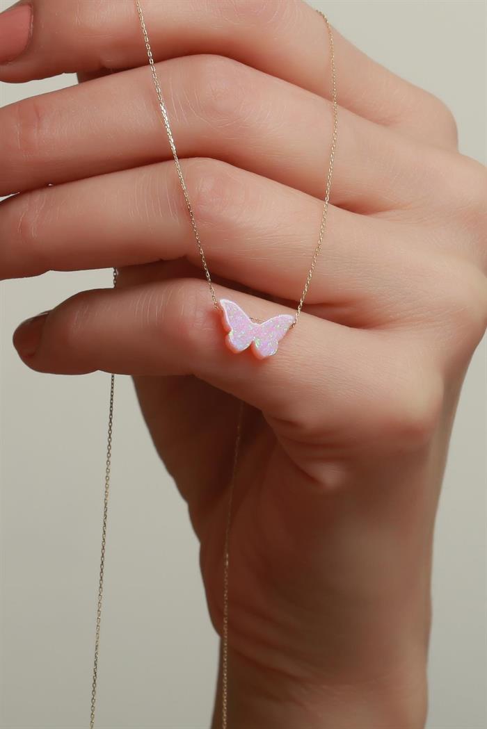 14 Ayar Altın Pembe Opal Taşlı Kelebek Kolye