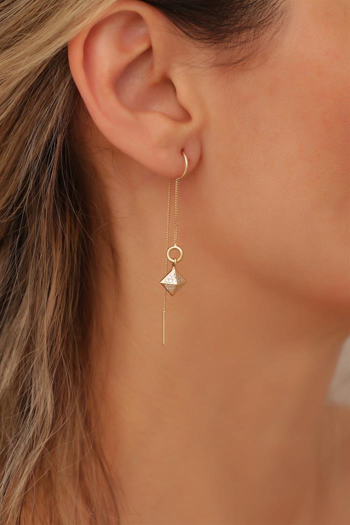 14K Solid Gold Pyramid Chain Earrings