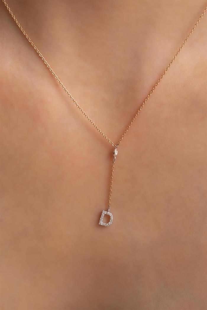 14K Solid Gold Diamond D Letter Litera Necklace