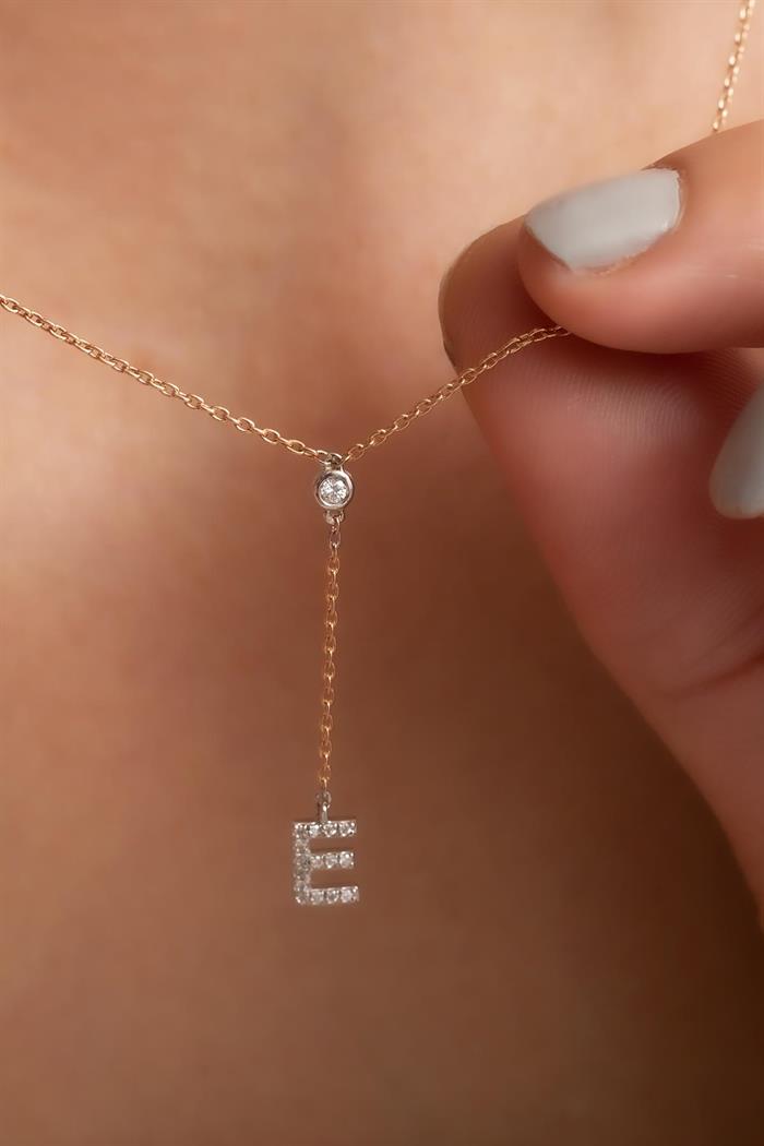 14K Solid Gold Diamond E Letter Litera Necklace