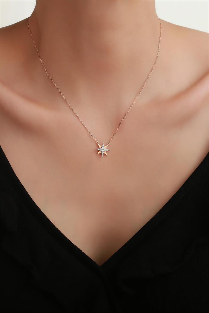 14K Solid Gold Diamond Pole Star Necklace