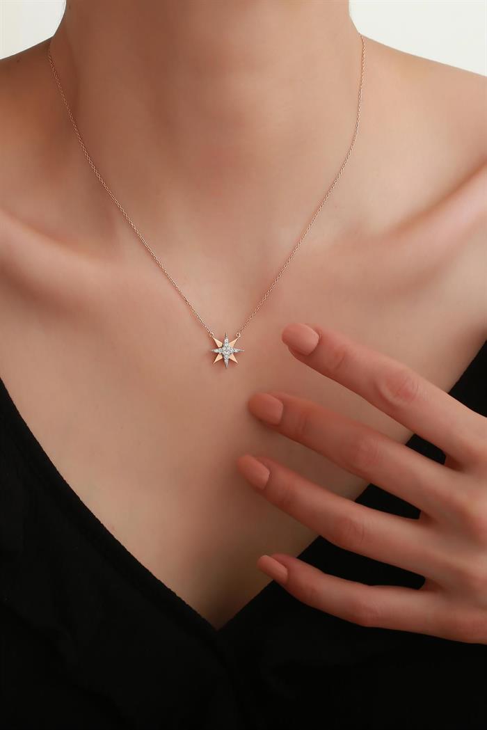14K Solid Gold Diamond Pole Star Necklace