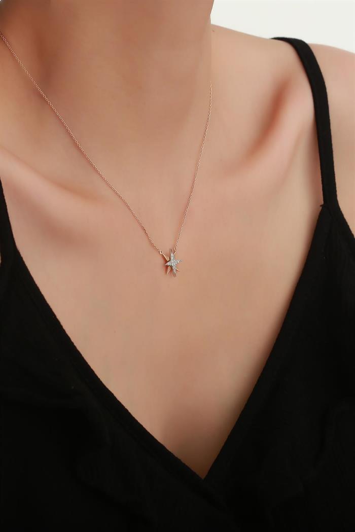 14K Solid Gold Diamond Pole Star Necklace