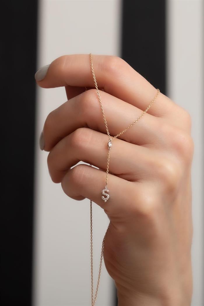 14K Solid Gold Diamond S Letter Litera Necklace