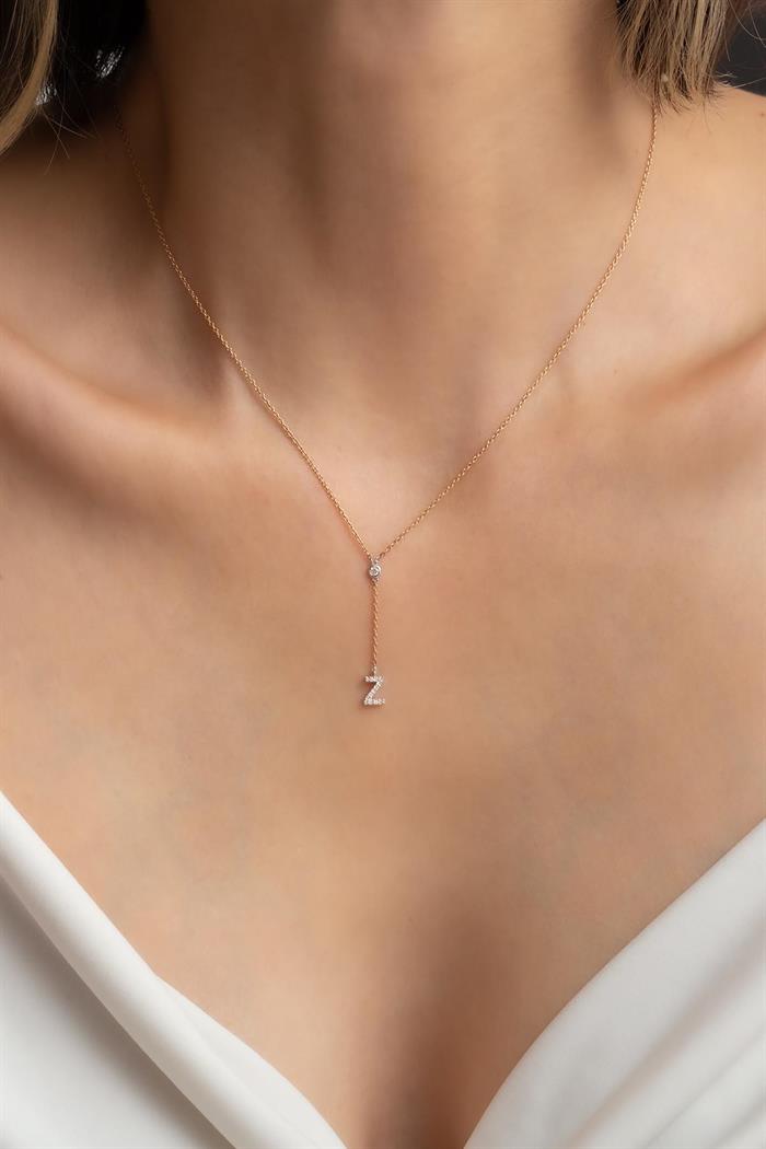 14K Solid Gold Diamond Z Letter Litera Necklace