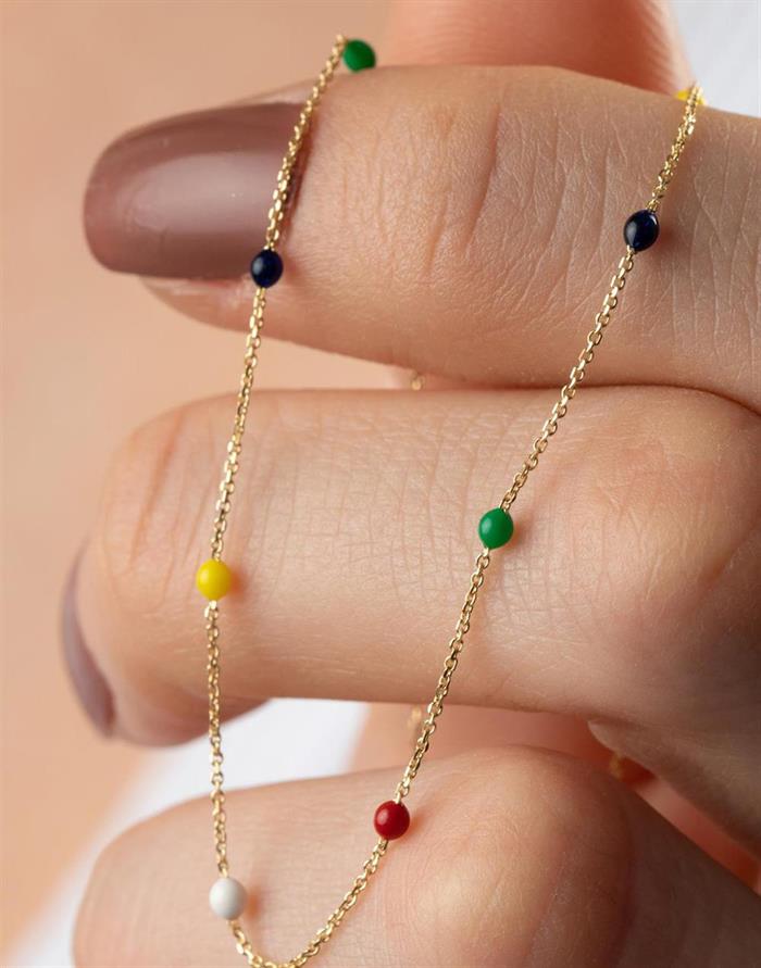 14K Gold Rainbow Colored Beaded Necklace