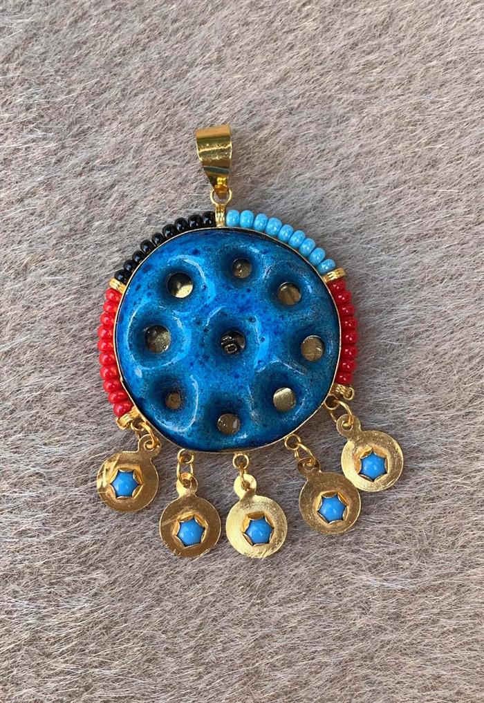 14K Solid Gold Colored Beaded Assyrian Evil Eye Pendant with Nine Eyes
