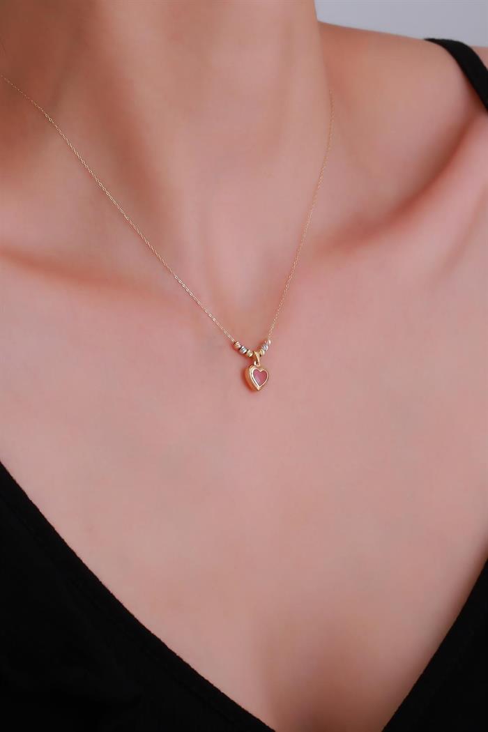 14K Solid Gold Colored Doric Pink Stone Heart Necklace