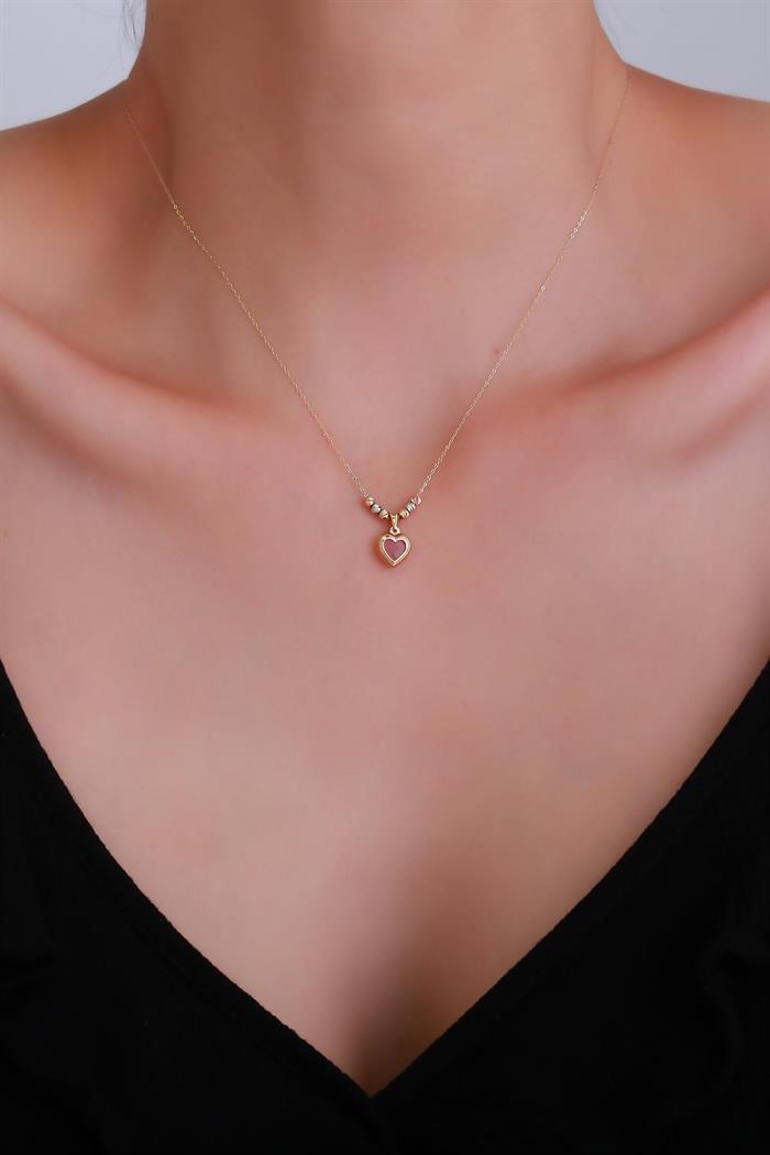 14K Solid Gold Colored Doric Pink Stone Heart Necklace