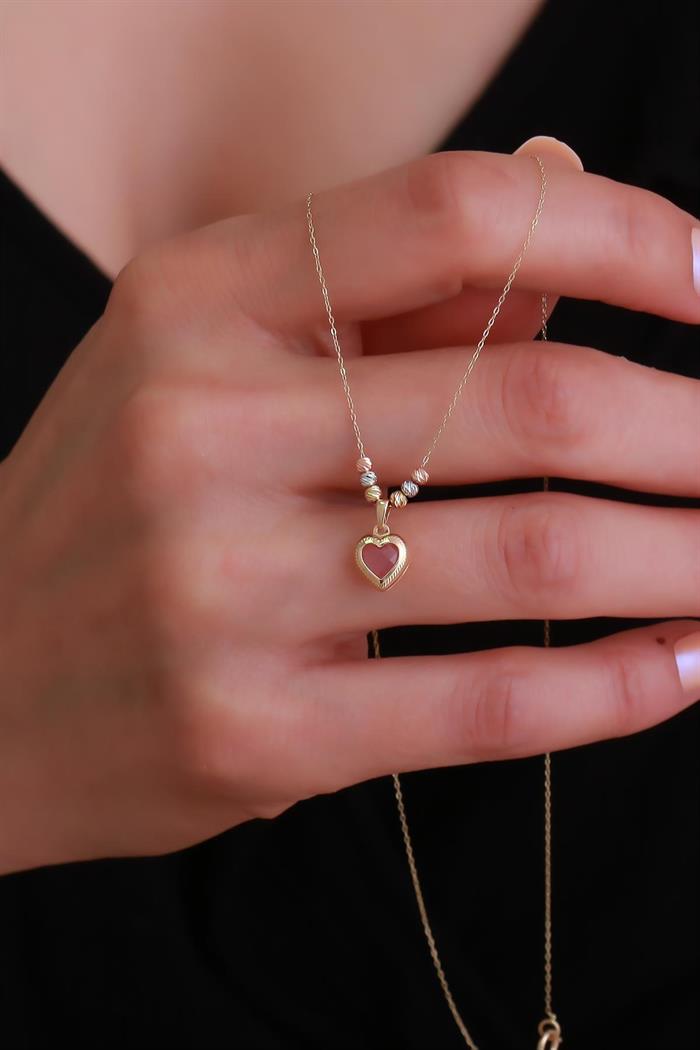 14K Solid Gold Colored Doric Pink Stone Heart Necklace