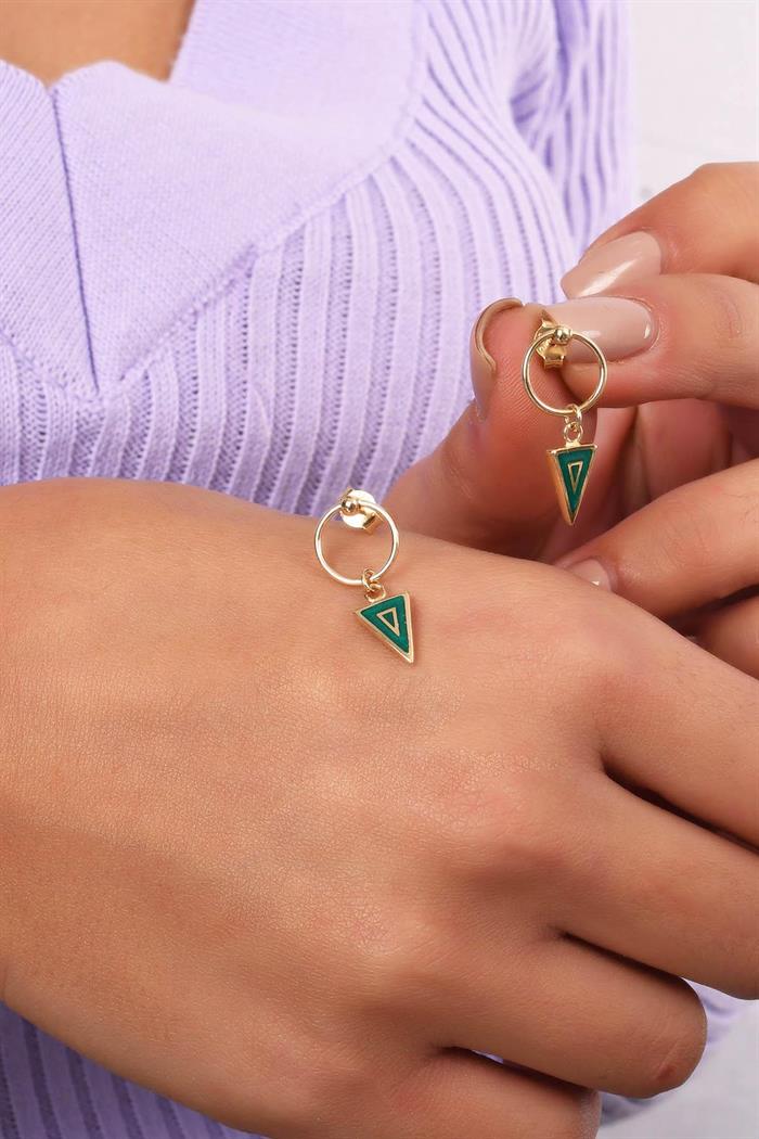  14K Solid Gold Dangle Green Triangle Earrings
