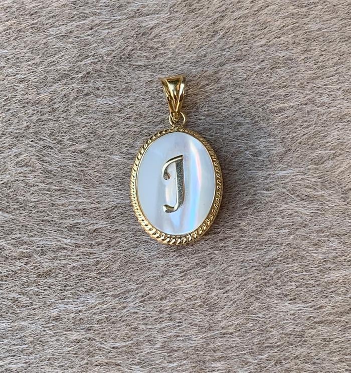 14K Solid Gold Mother of Pearl Stone J Letter Pendant