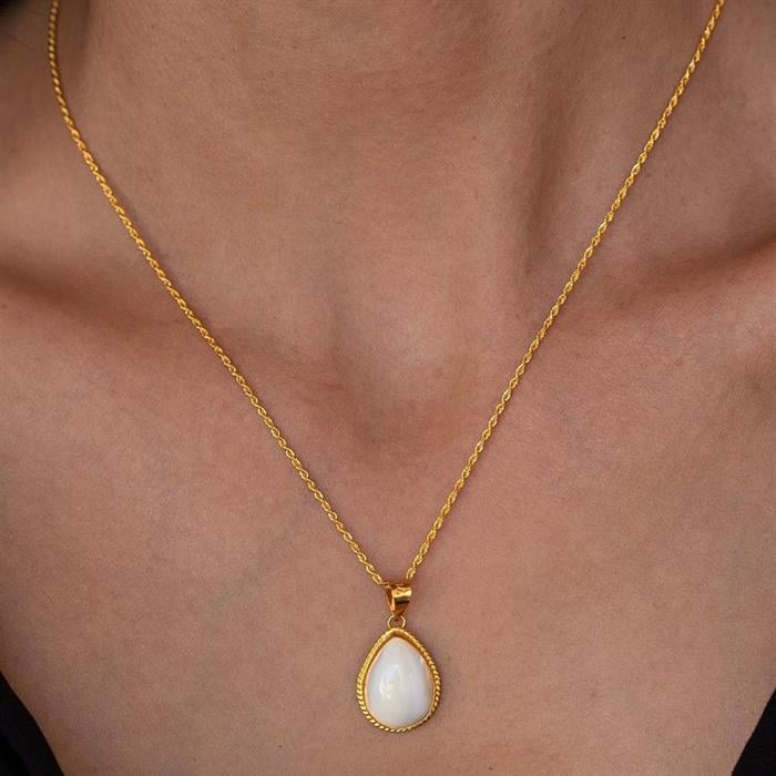 14K Solid Gold Mother of Pearl Stone Necklace Drop Model
