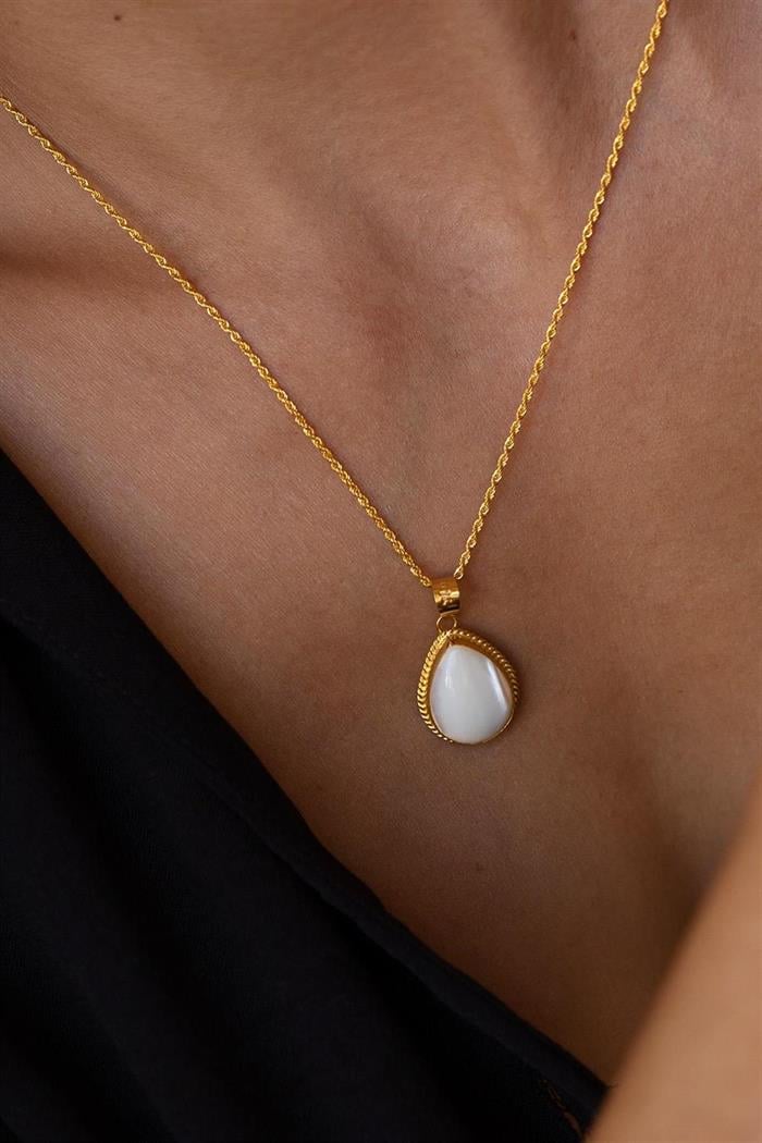 14K Solid Gold Mother of Pearl Stone Necklace Drop Model