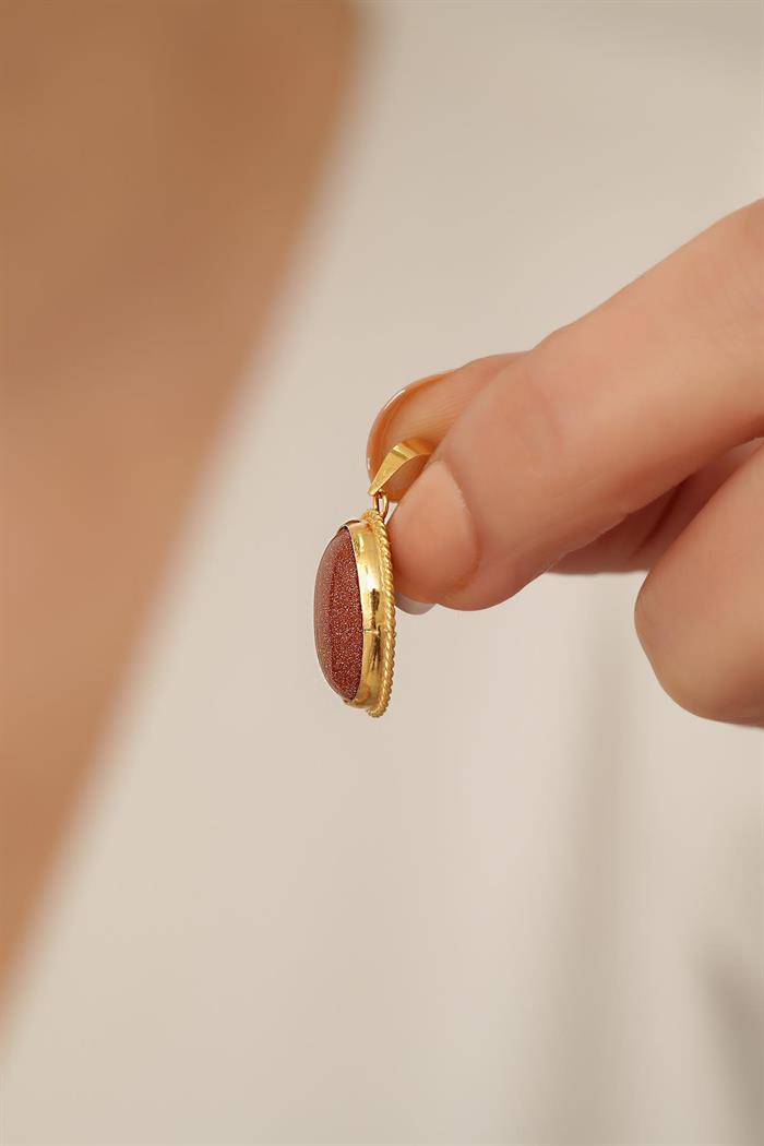 14 Ayar Altın  Simli Akik Taşlı Oval Kolye Ucu