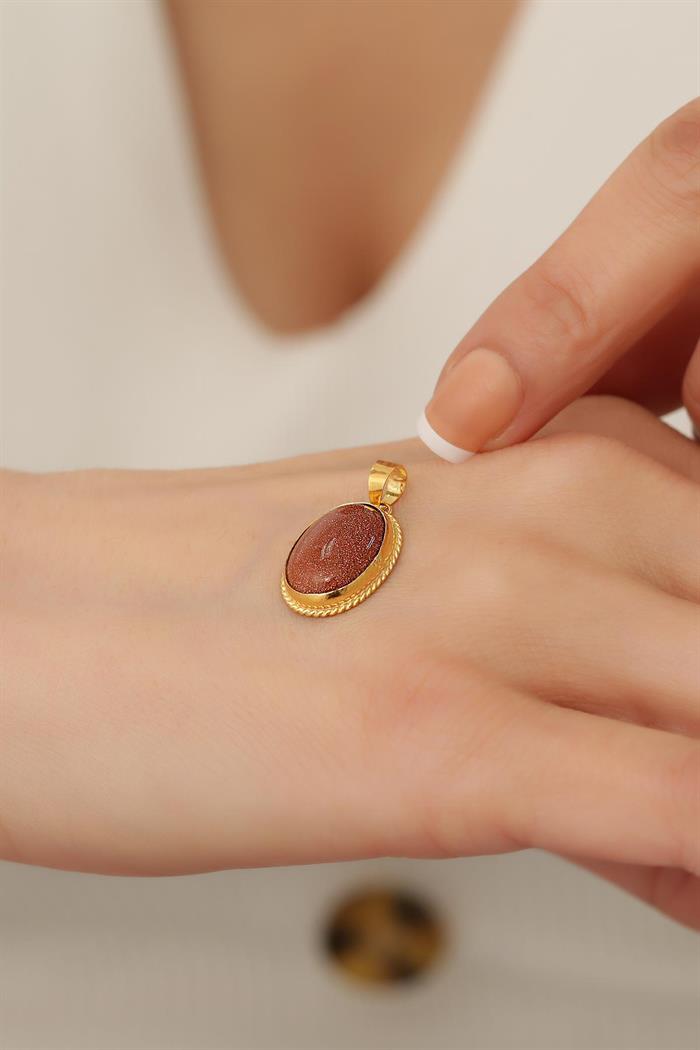 14 Ayar Altın  Simli Akik Taşlı Oval Kolye Ucu