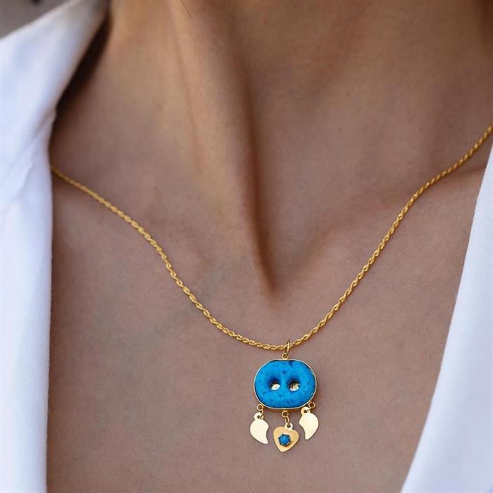 14K Solid Gold Assyrian Eye Necklace Double Eyed Plain