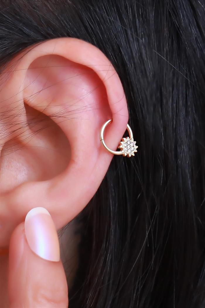 14 Ayar Altın  Taşlı Güneş Halka Piercing