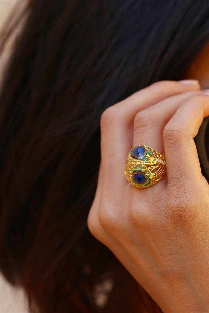 14K Solid Gold Peacock Green Ring