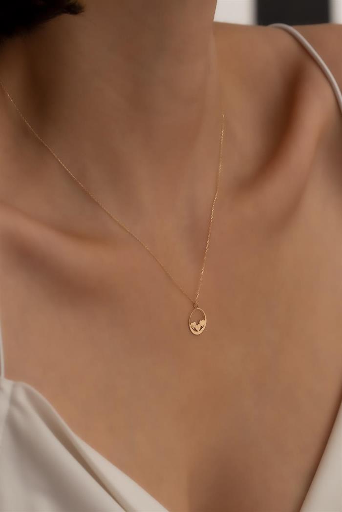 14K Solid Gold Three Heart Ring Necklace