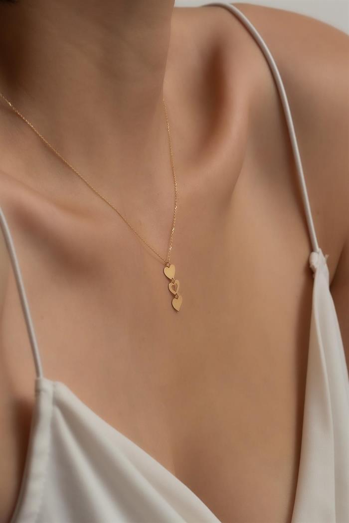 14K Solid Gold Three Heart Necklace