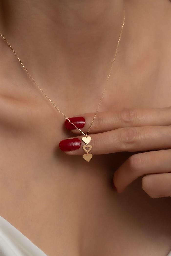 14K Solid Gold Three Heart Necklace