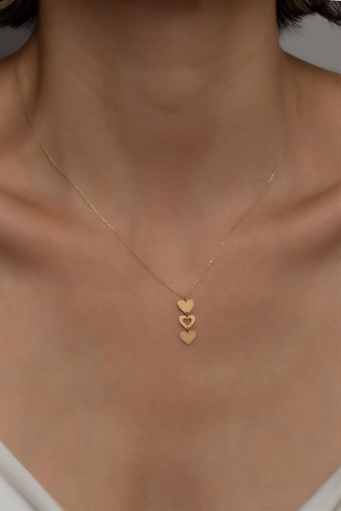 14K Solid Gold Three Heart Necklace