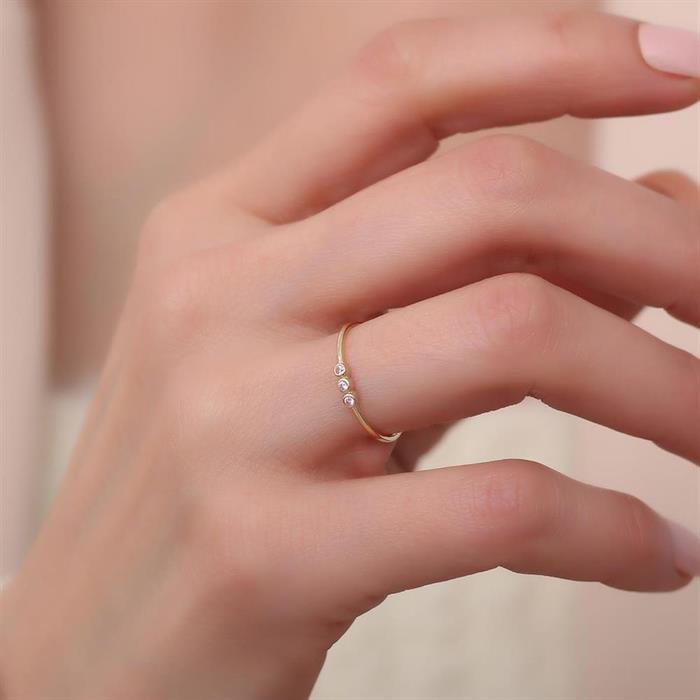 14 Ayar Altın Üç Taşlı Minimal Beyaz Yüzük 