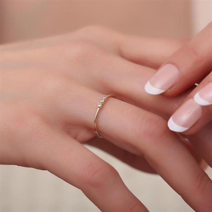 14 Ayar Altın Üç Taşlı Minimal Beyaz Yüzük 