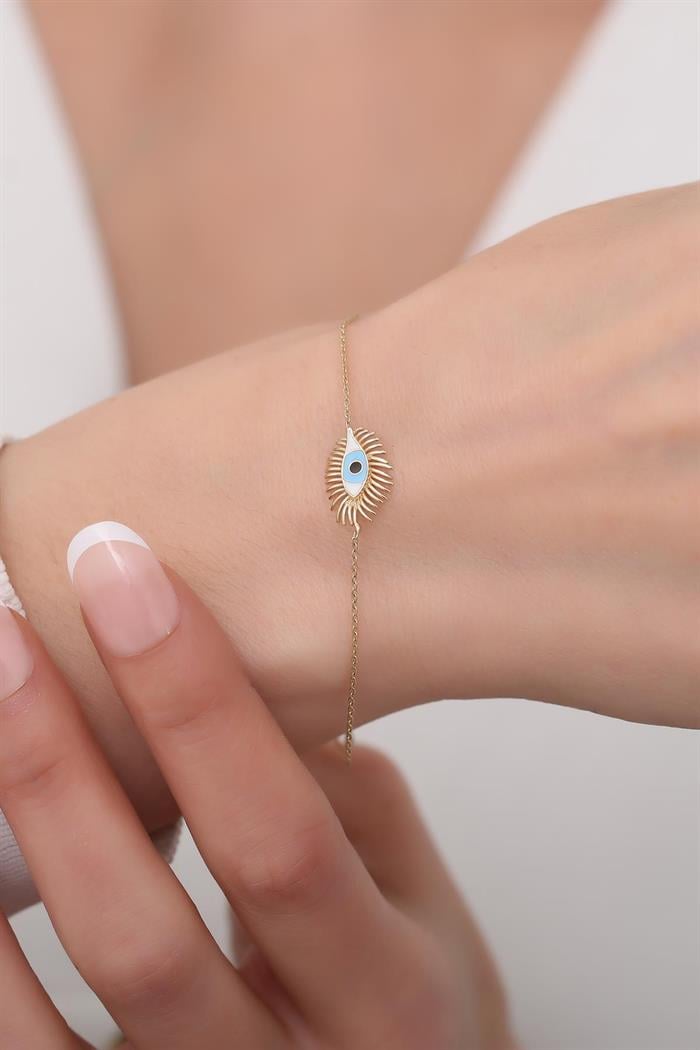  14K Solid Gold Upea Blue Eyelash Eye Bracelet