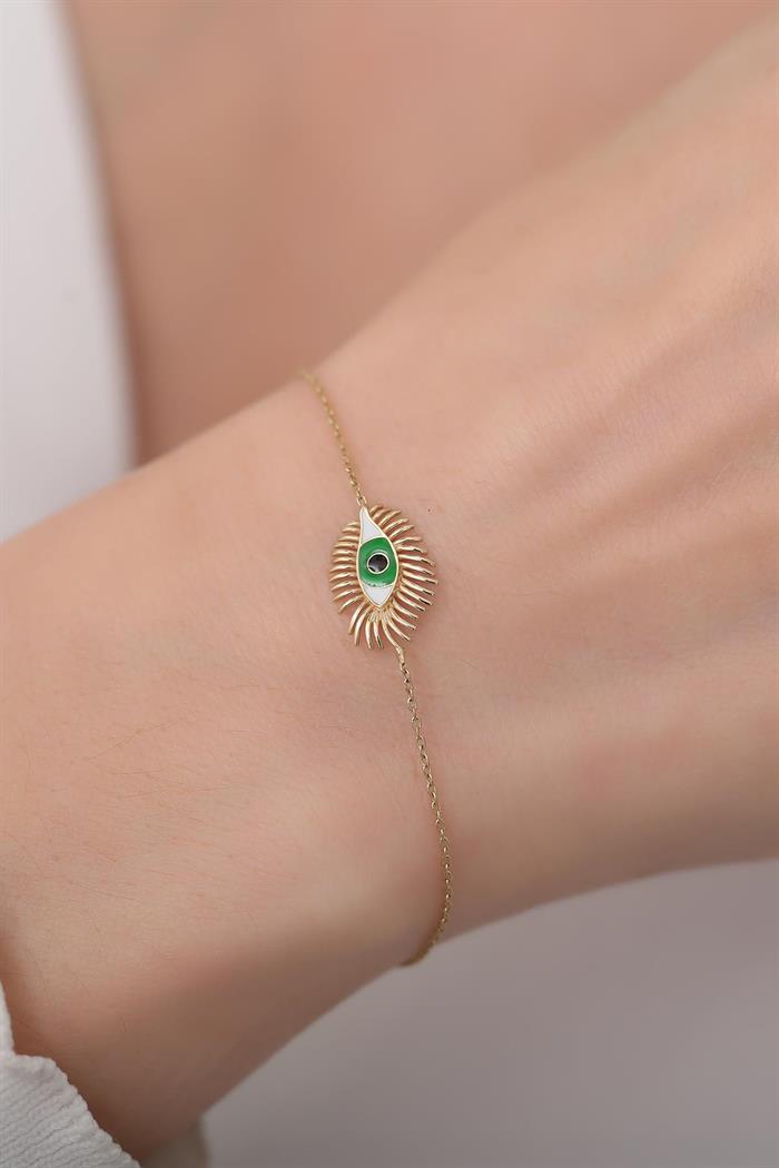  14K Solid Gold Upea Green Eyelash Eye Bracelet