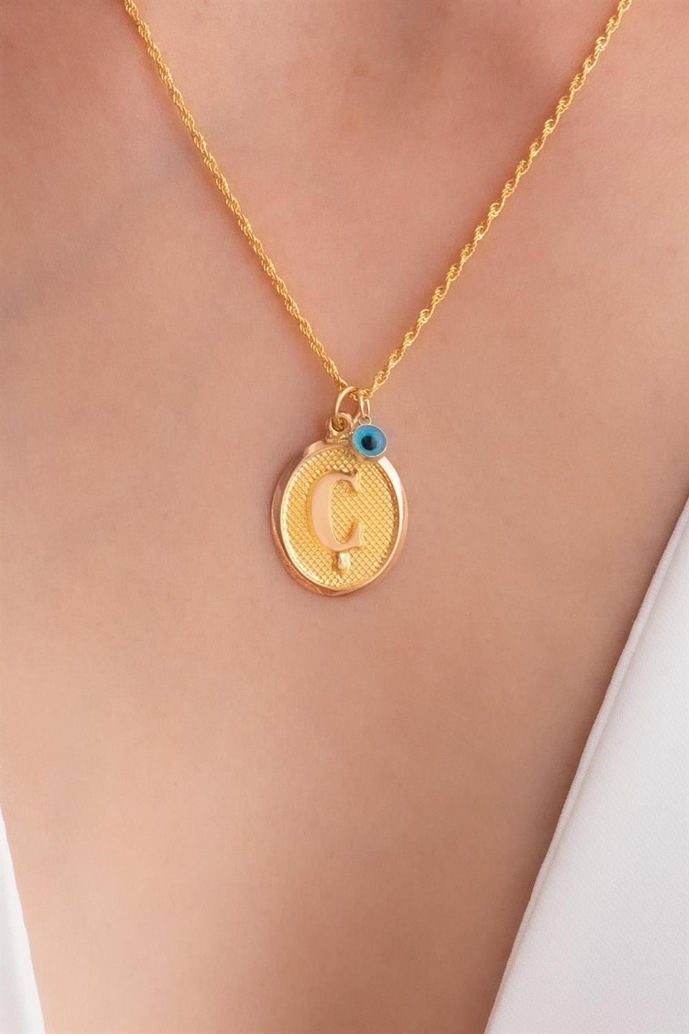 14 Ayar Altın Vintage Oval Ç Harf Kolye