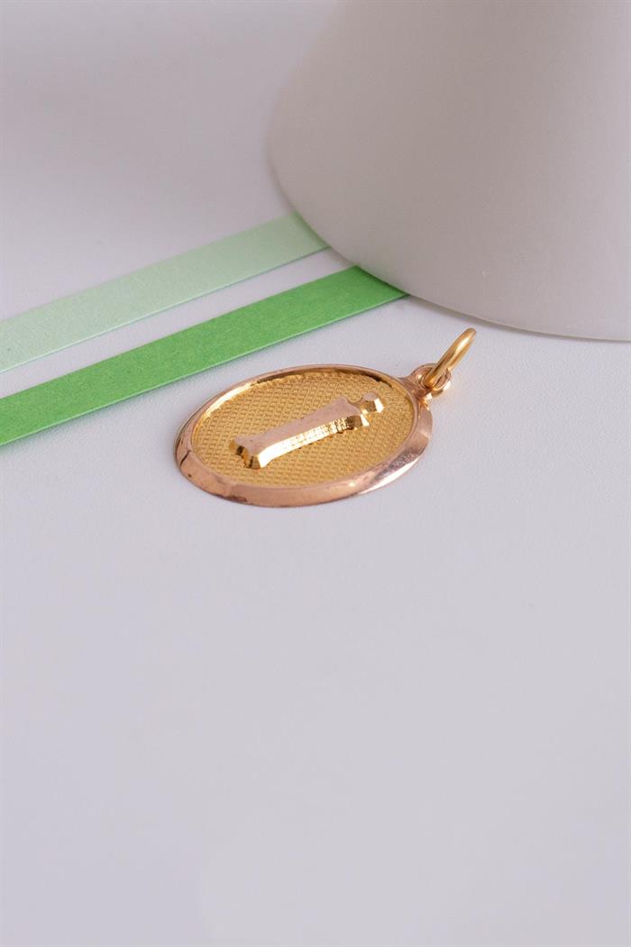 14K Solid Gold Vintage Oval I Letter Pendant
