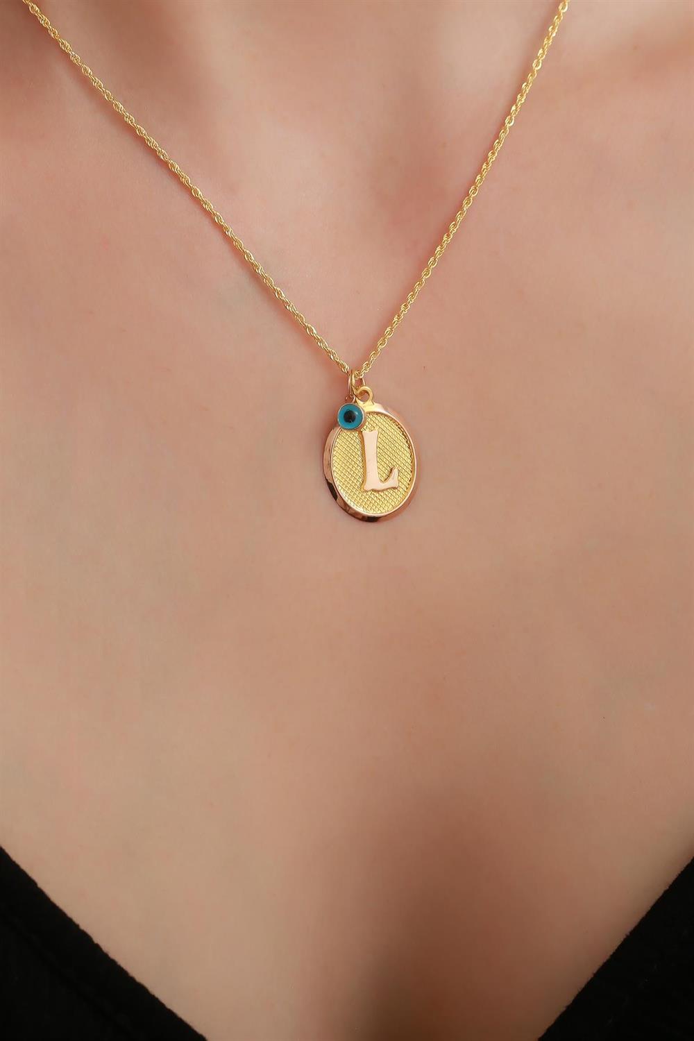 14 Ayar Altın Vintage Oval L Harf Kolye
