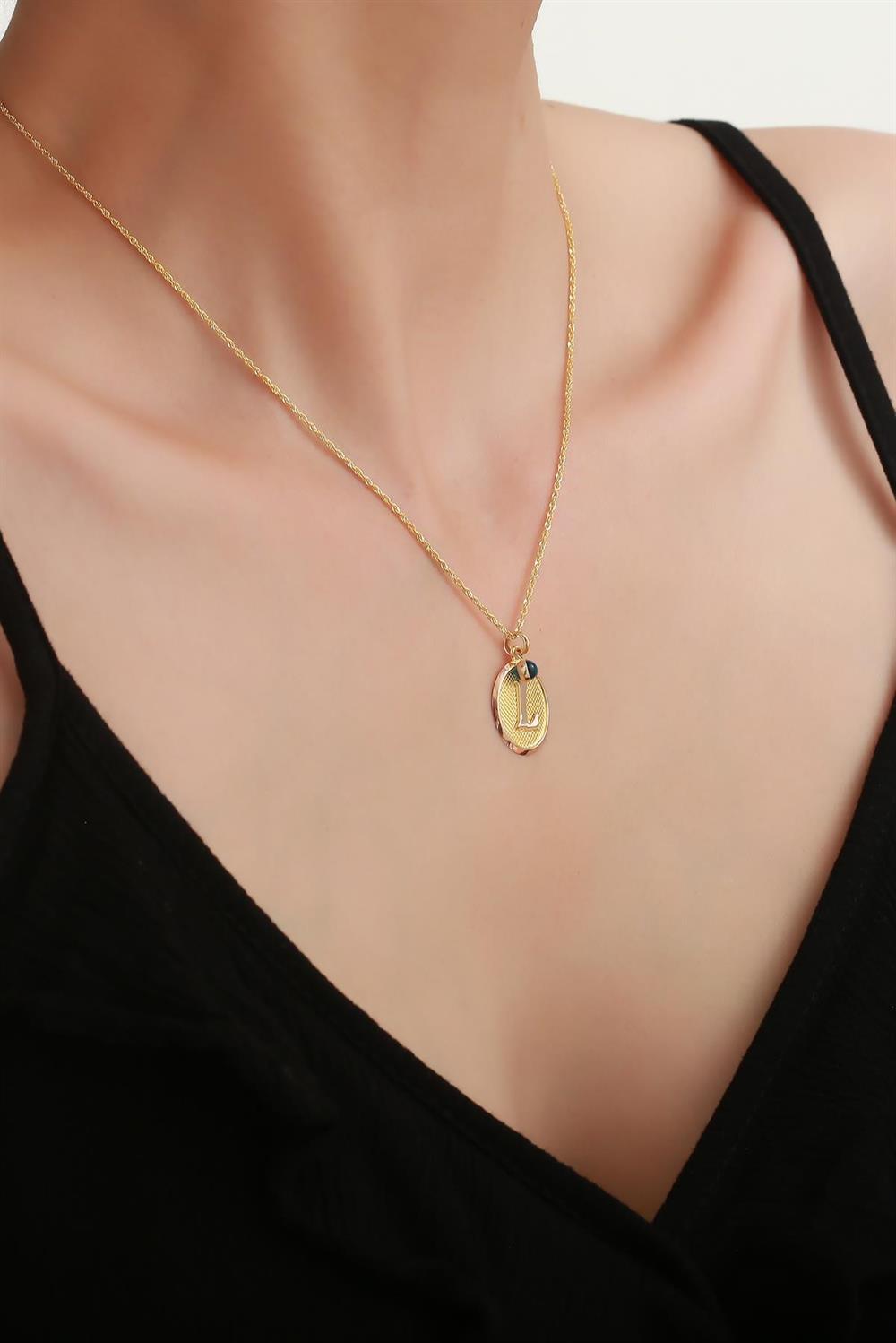 14 Ayar Altın Vintage Oval L Harf Kolye