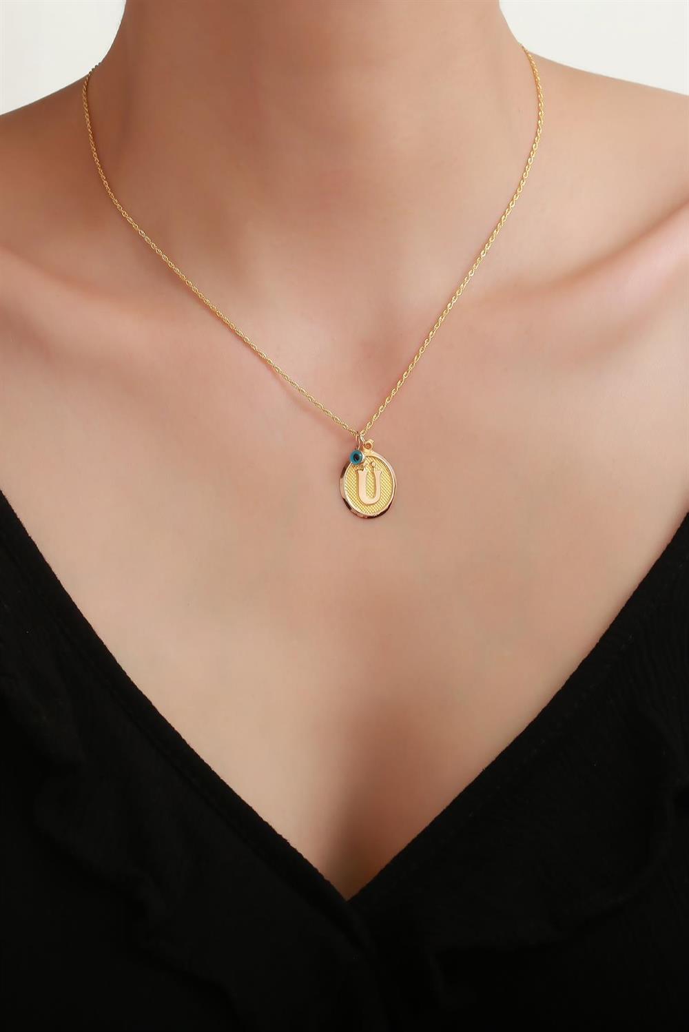 14 Ayar Altın Vintage Oval Ü Harf Kolye