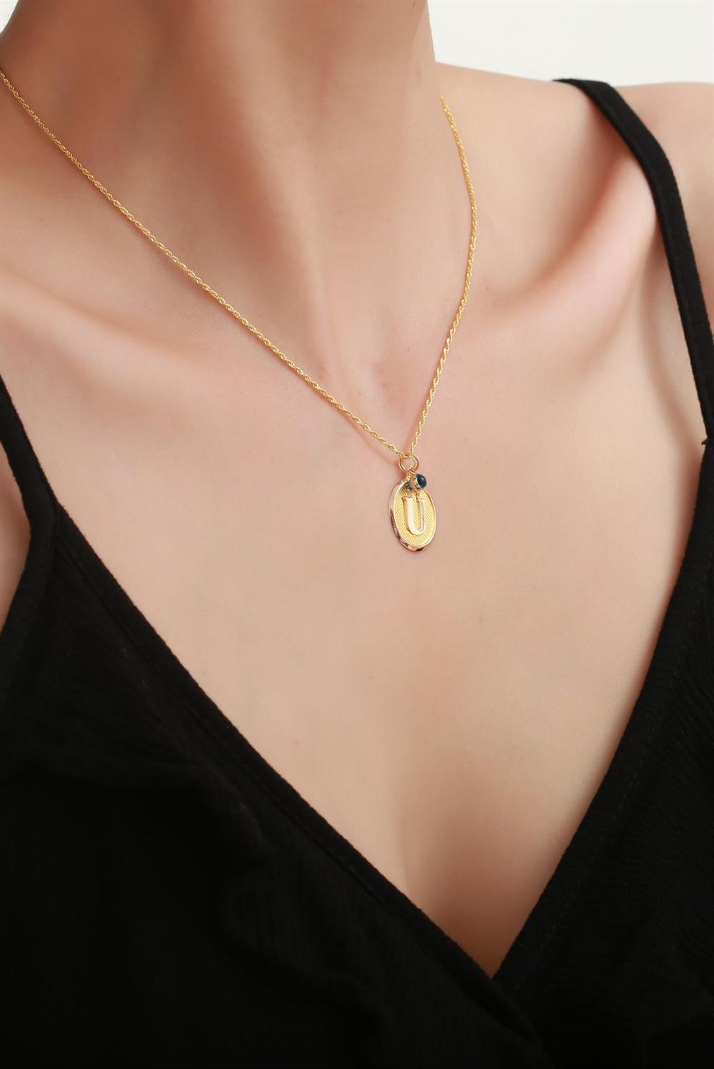 14 Ayar Altın Vintage Oval Ü Harf Kolye