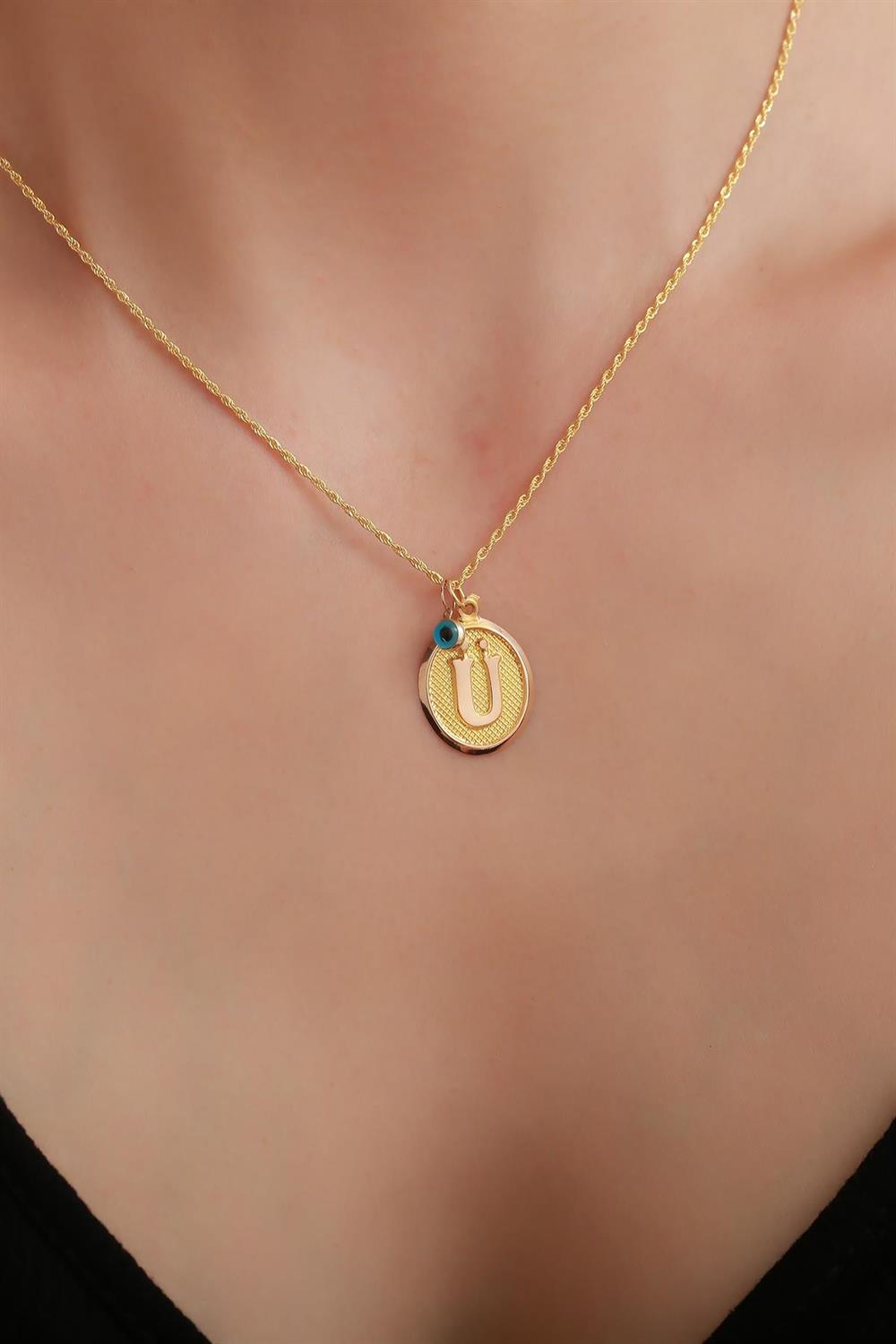 14 Ayar Altın Vintage Oval Ü Harf Kolye
